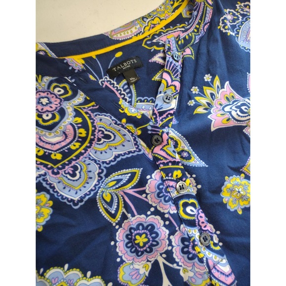 Talbots Petites Navy Paisley Print V Neck Button Up Long Sleeve Blouse Top Mp‎ - Picture 2 of 7